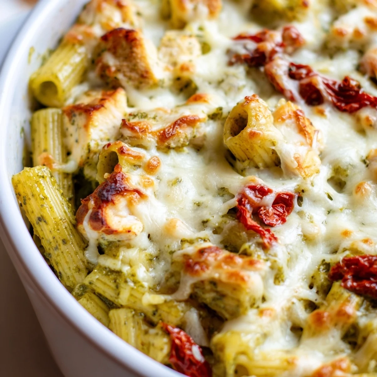 Pesto chicken pasta bake with tender penne gooey cheese and sun-dried tomatoes