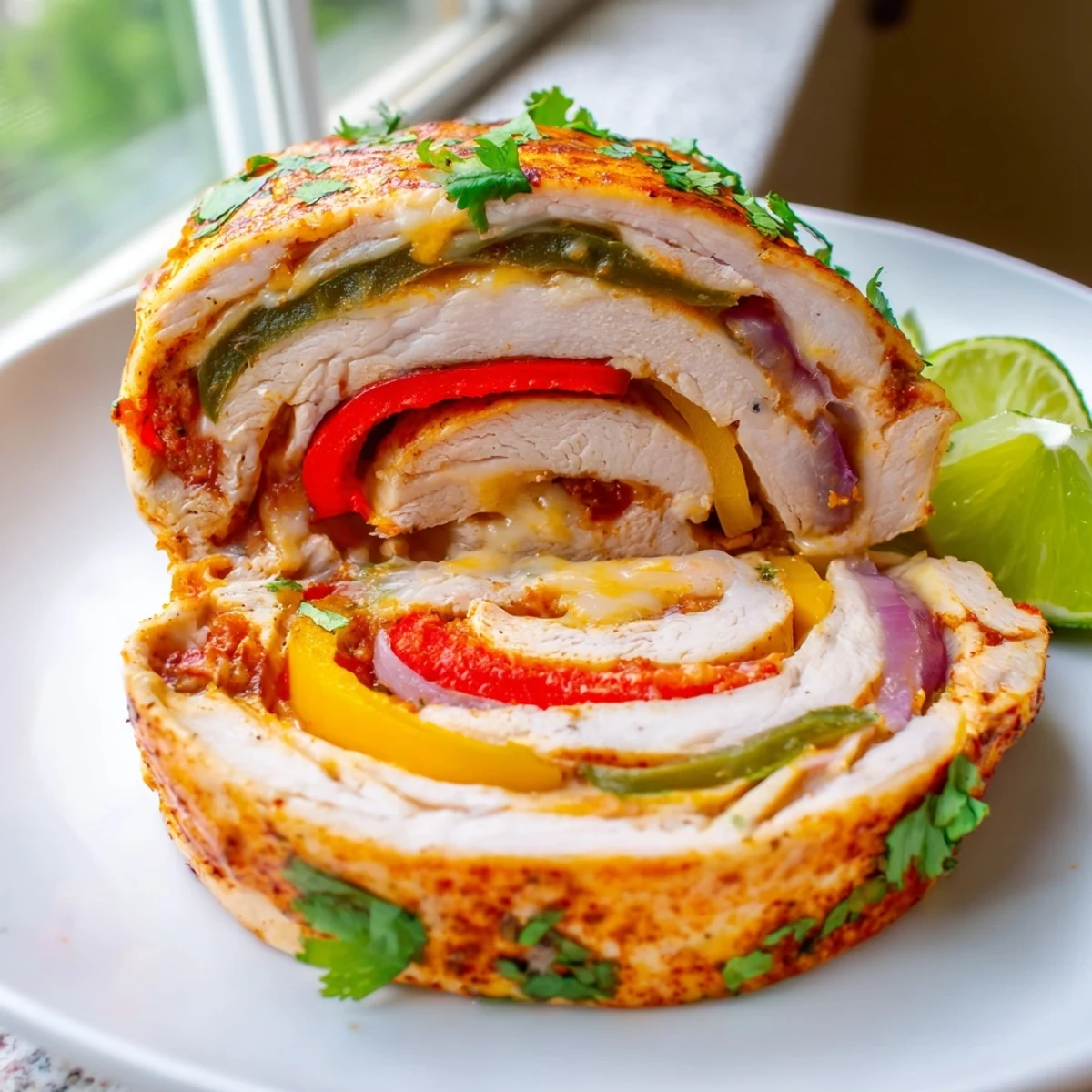 Golden baked chicken fajita roll ups with melted Monterey Jack and colorful peppers on a rustic baking dish