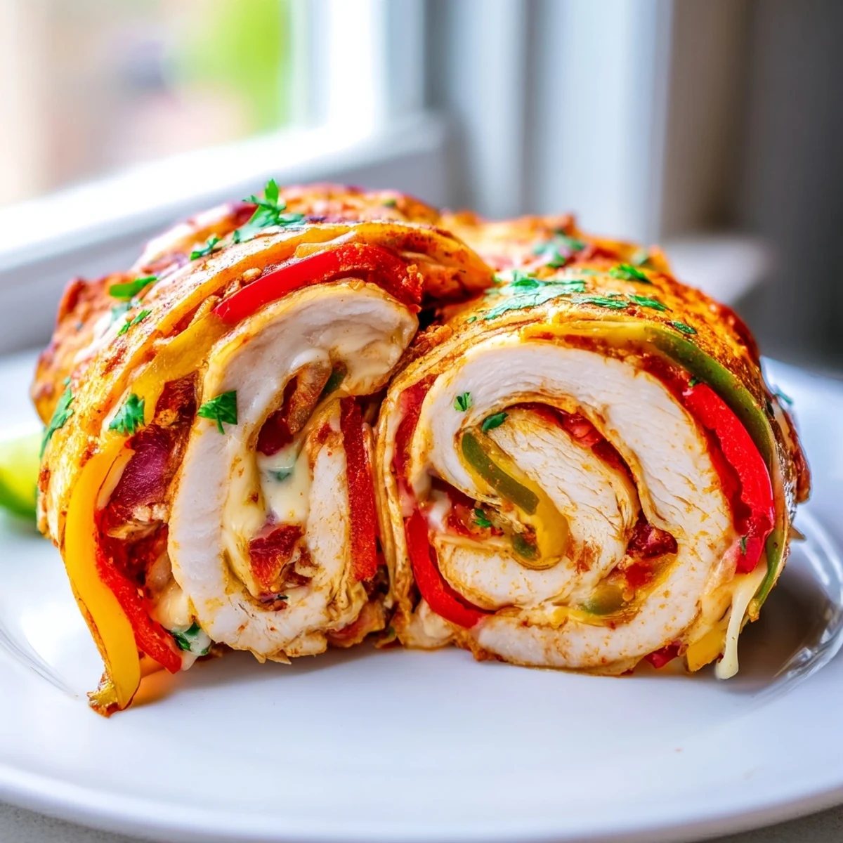 Juicy baked chicken fajita roll ups sliced open revealing tender peppers and gooey cheese inside