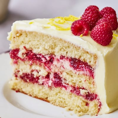 Three layers of the Lemon Raspberry Layer Cake with Frosting are neatly sliced, revealing the pink raspberry filling between the bright yellow lemon sponge.
