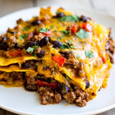 A close-up slice reveals layered corn tortillas, savory ground beef, and rich red enchilada sauce in a serving dish.