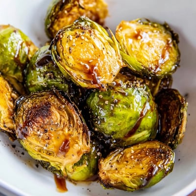 Roasted Brussels Sprouts with Balsamic garnished with fresh herbs on a rustic wooden table.