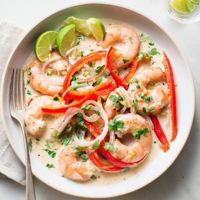 A close-up view of Creamy Coconut Shrimp Buffet Style glistening in rich coconut sauce beside jasmine rice and lime wedges.