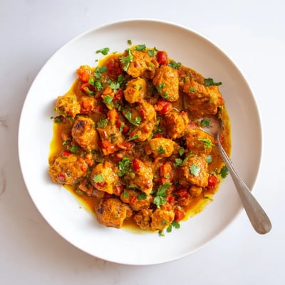 A close-up view of Spiced Chicken Curry with Ginger, Garlic & Jalapeño highlighting tender chicken in rich sauce.