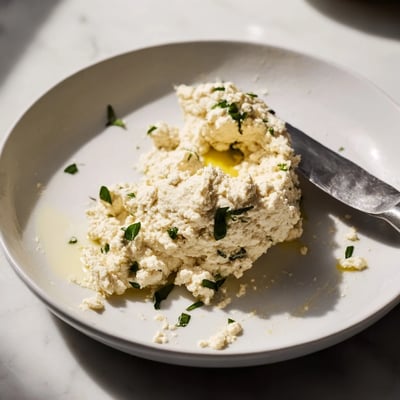 A spoonful of Tofu Ricotta from a food processor, showing a smooth yet slightly textured vegan alternative.