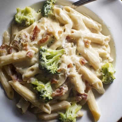 Hearty Bacon Broccoli and Parmesan Pasta twirled in a silky cream sauce, with grated cheese melting over steaming penne.