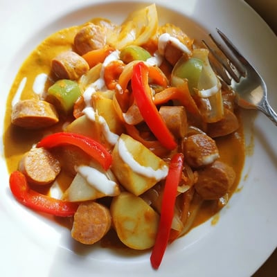 Hearty sweet and savory curry features browned pork sausages, vibrant peppers, and a warmly spiced tomato sauce ready to serve.