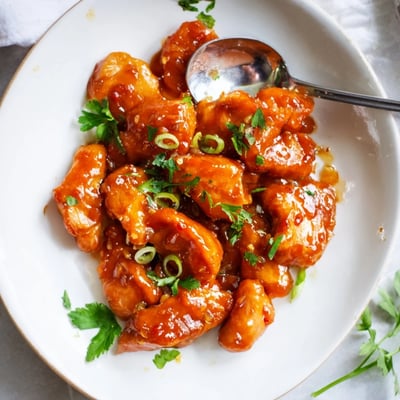 Fresh Classic Apricot Chicken garnished with green onions and parsley, resting in a skillet with bubbly golden glaze.