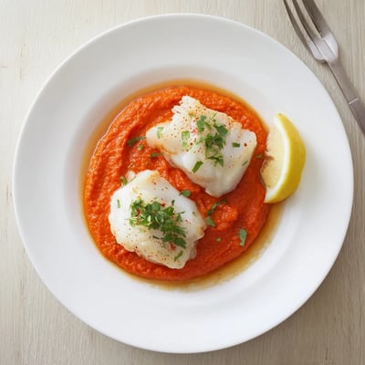 Plate of fork-flaky Cod In Roasted Red Pepper Sauce, lemon-wedge garnish
