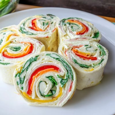 Chilled Pinwheel Sandwiches sliced into spirals, crisp spinach and sweet pepper