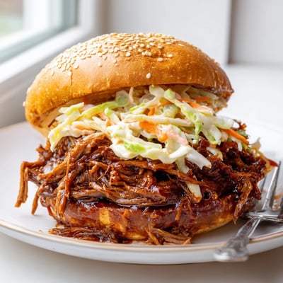 Tender Slow Cooker BBQ Pulled Beef shredded and glistening in rich smoky barbecue sauce
