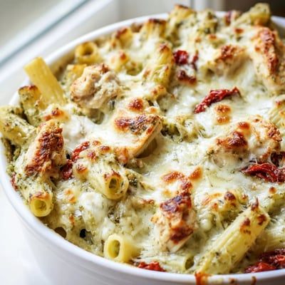 Creamy pesto chicken pasta bake scooped from a cast iron baking dish